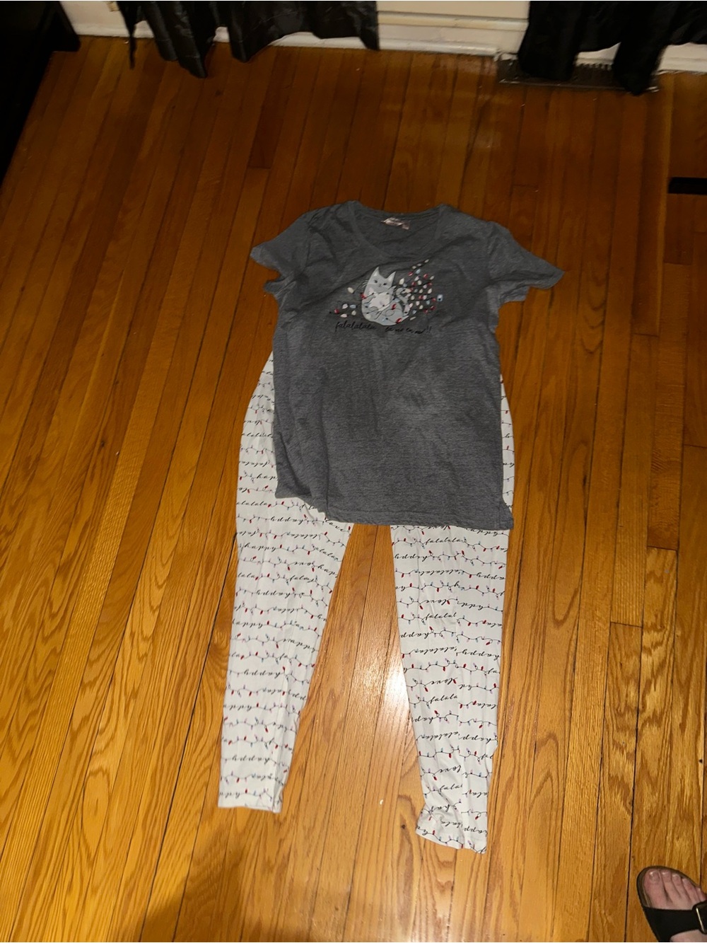La Vie En Rose Gray Cat Print Pajama Set with White Patterned Pants